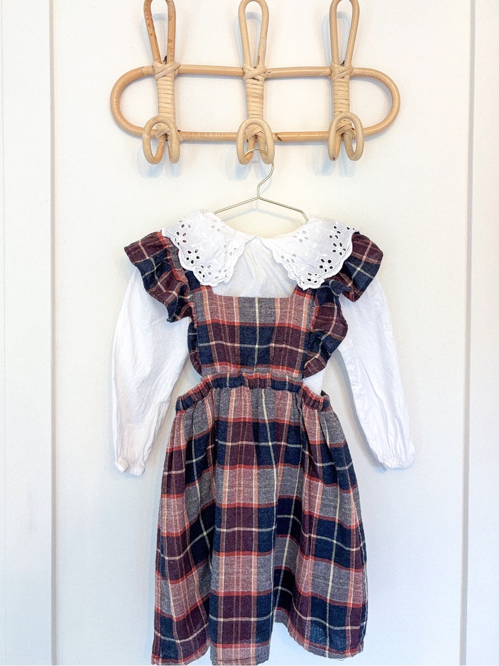 Zara Girls Navy and Burgundy Plaid Pinafore Dress with White Blouse